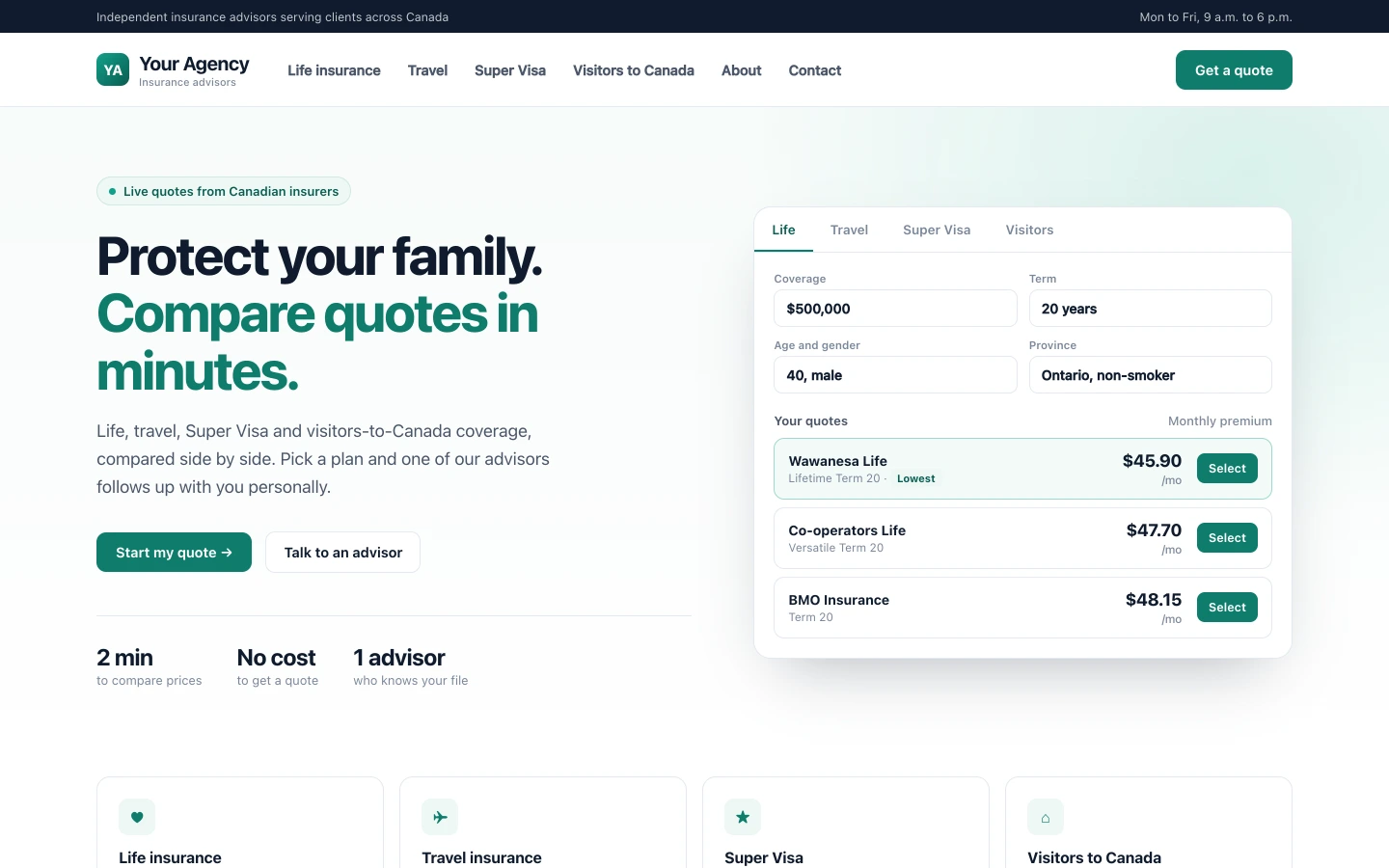A demo advisor website quoting life insurance live