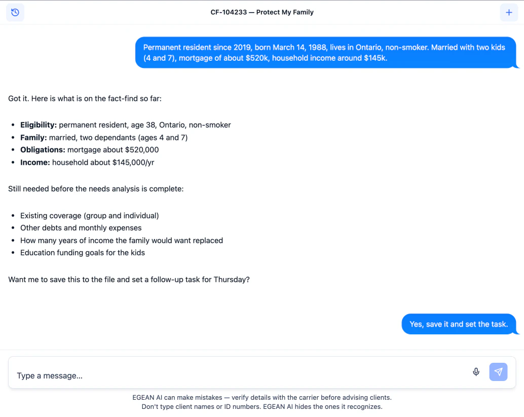 EGEAN AI running a fact-find inside a client file