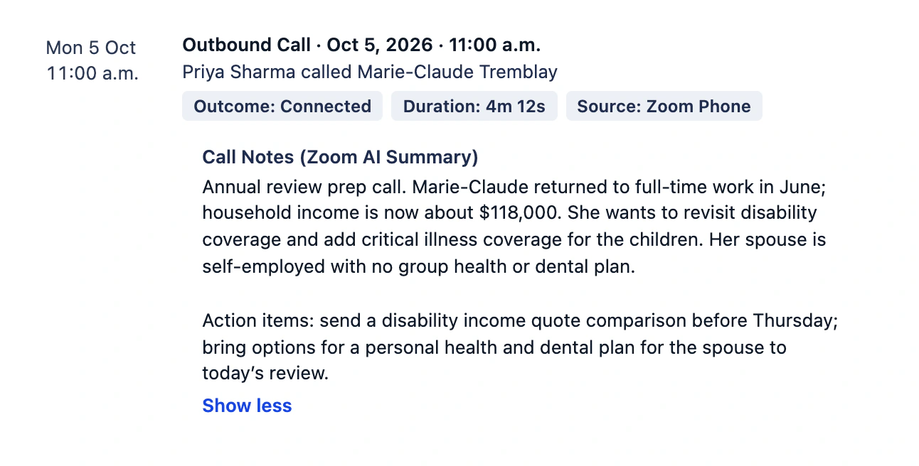 A client call on the timeline with its AI summary