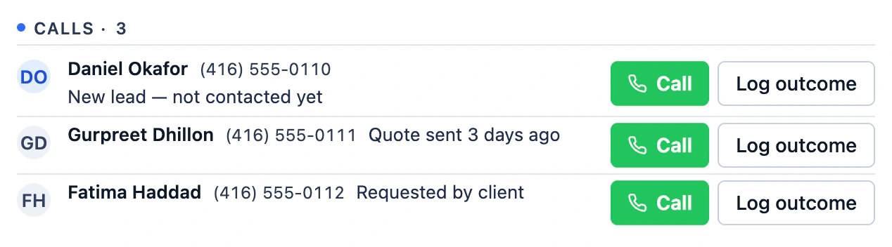 Today's calls to make, each with Call and Log outcome