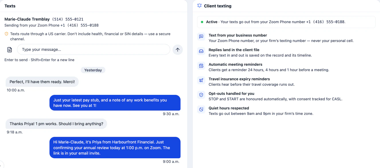 A text thread with a client inside EGEAN